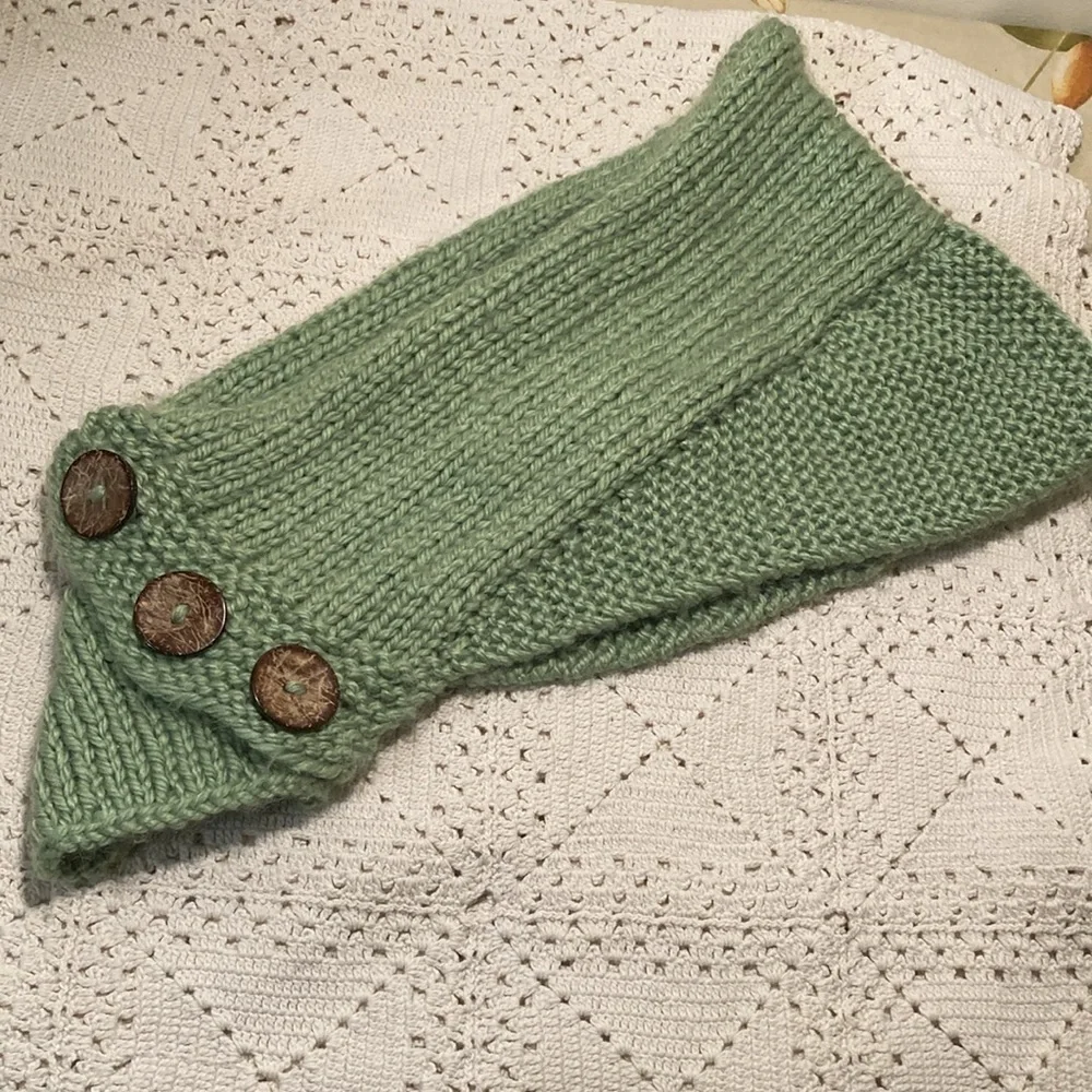 Soft green scarf / head cover hand knit with big buttons